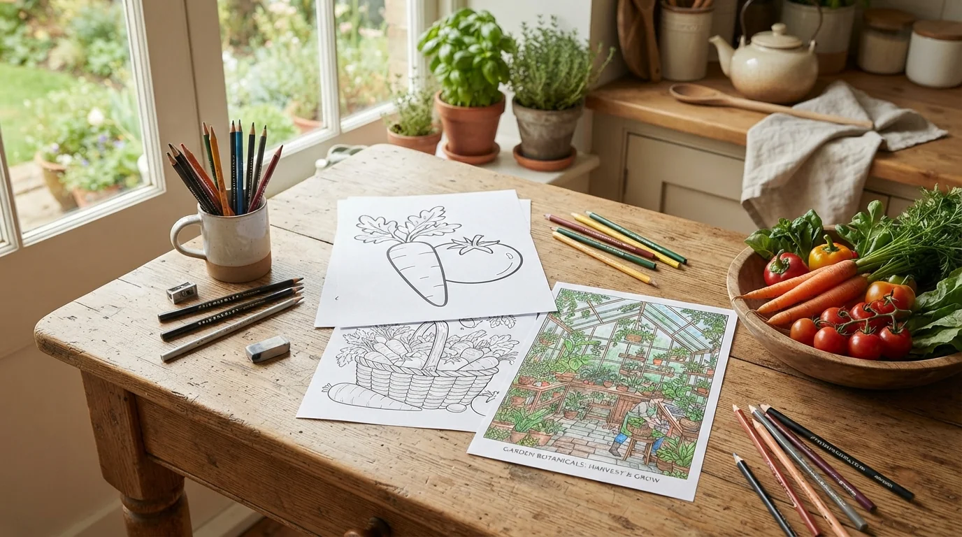 Feuilles de coloriage végétariennes imprimables : des contours simples aux scènes détaillées