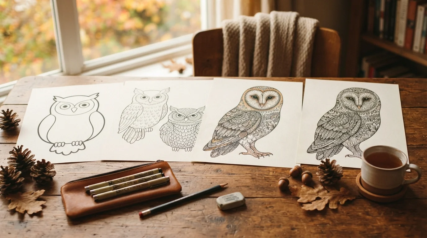 Feuilles de hibou imprimables : contours épais aux détails des plumes